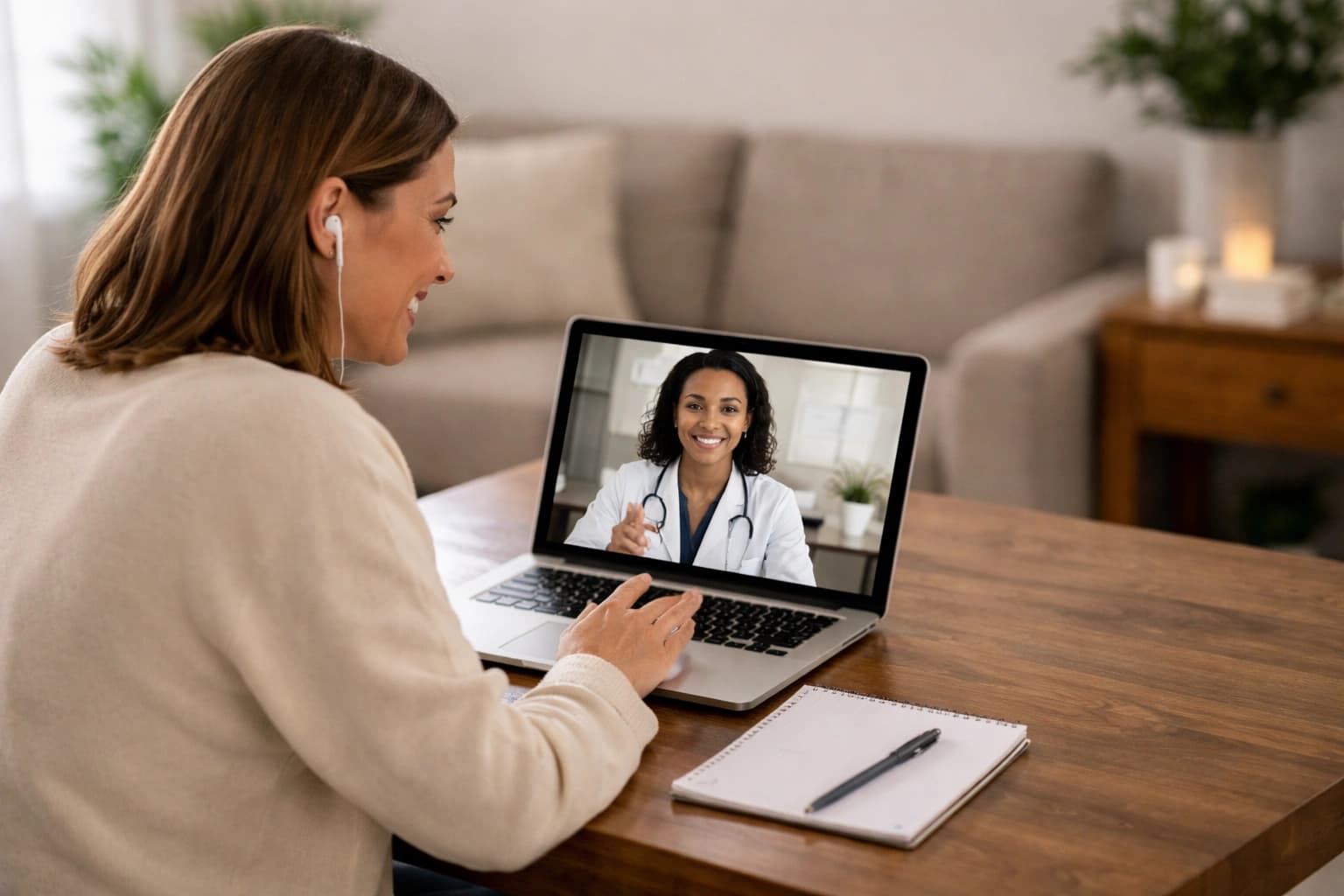 Woman speaking with a clinician via telehealth