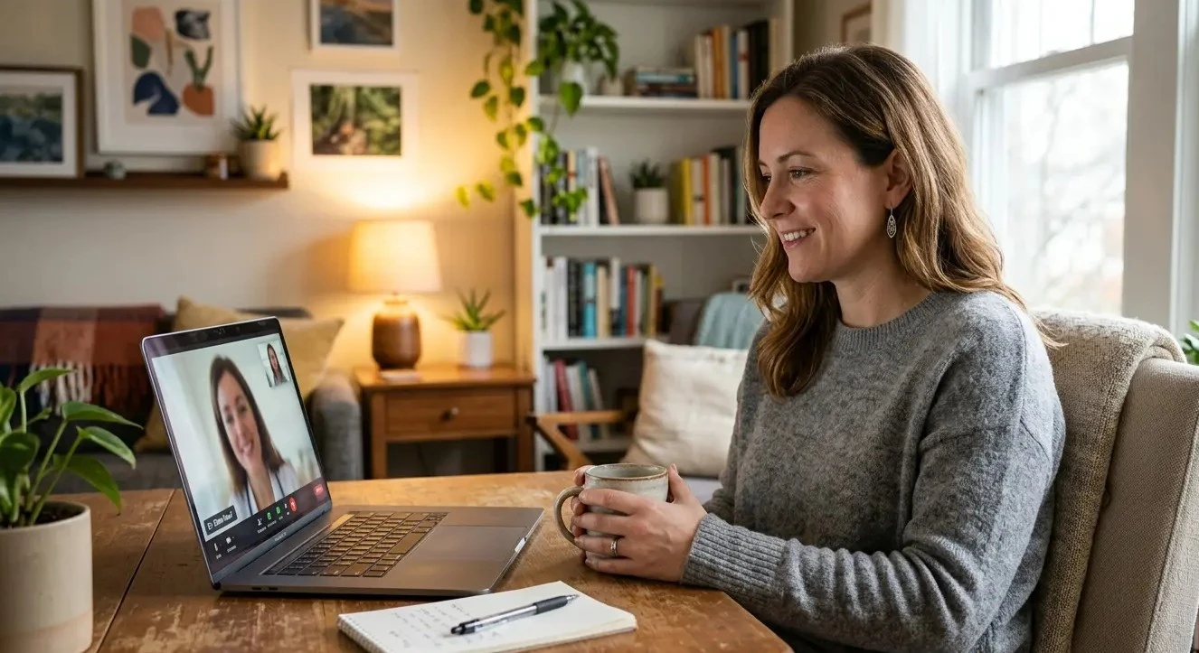 Clinician in a warm telehealth session